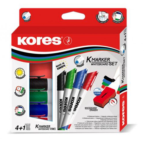 Kores Tábla- és flipchart marker készlet szivaccsal 1-3mm kúposK-Marker 4 különböző szín