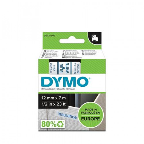 Dymo Feliratozógép szalag 12mmx 7mD1 fehér-kék