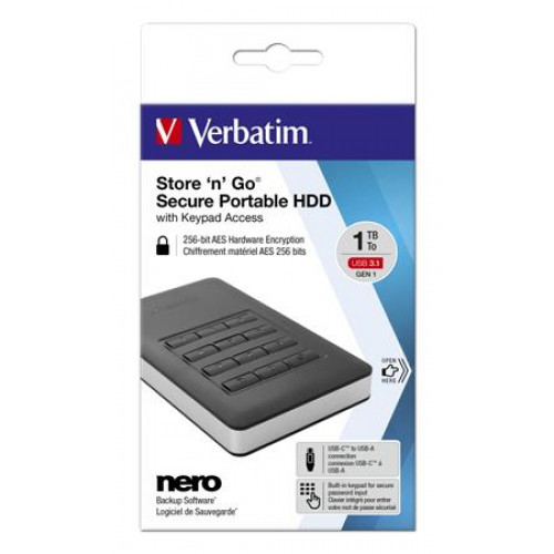 Verbatim 2,5HDD (merevlemez) 1TB USB 3.1 256bit AES hardv.titkosítás GDPRfekete