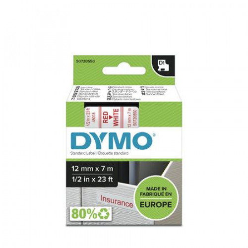 Dymo Feliratozógép szalag 12mmx7mD1 fehér-piros