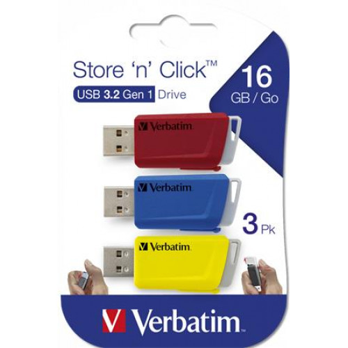 Verbatim Pendrive 3x16GB USB 3.2 80/25MB/secStore n Click piros kék sárga