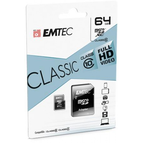 Memóriakártya microSDXC 64GB CL10 20/12 MB/s adapter Emtec Classic