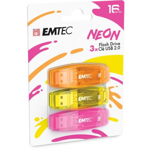 Emtec Pendrive 16GB 3 db USB 2.0C410 Neon narancs citromsárga rózsaszín