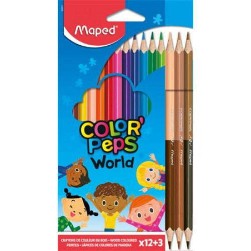 Maped Színes ceruza készlet háromszögletűColorPeps World 12 különböző szín + 3 kétvégű bőrtónus cer